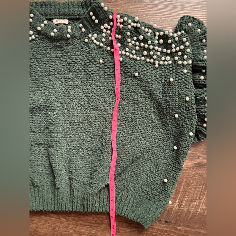 POL green chenille cropped sweater pearl embellished ruffle sleeves boho S EUC - Picture 13 of 15